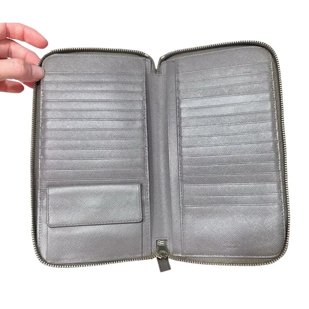 Auth Prada Grey Saffiano Leather Double Zip Travel Organizer Wallet Large - Picture 9 of 16